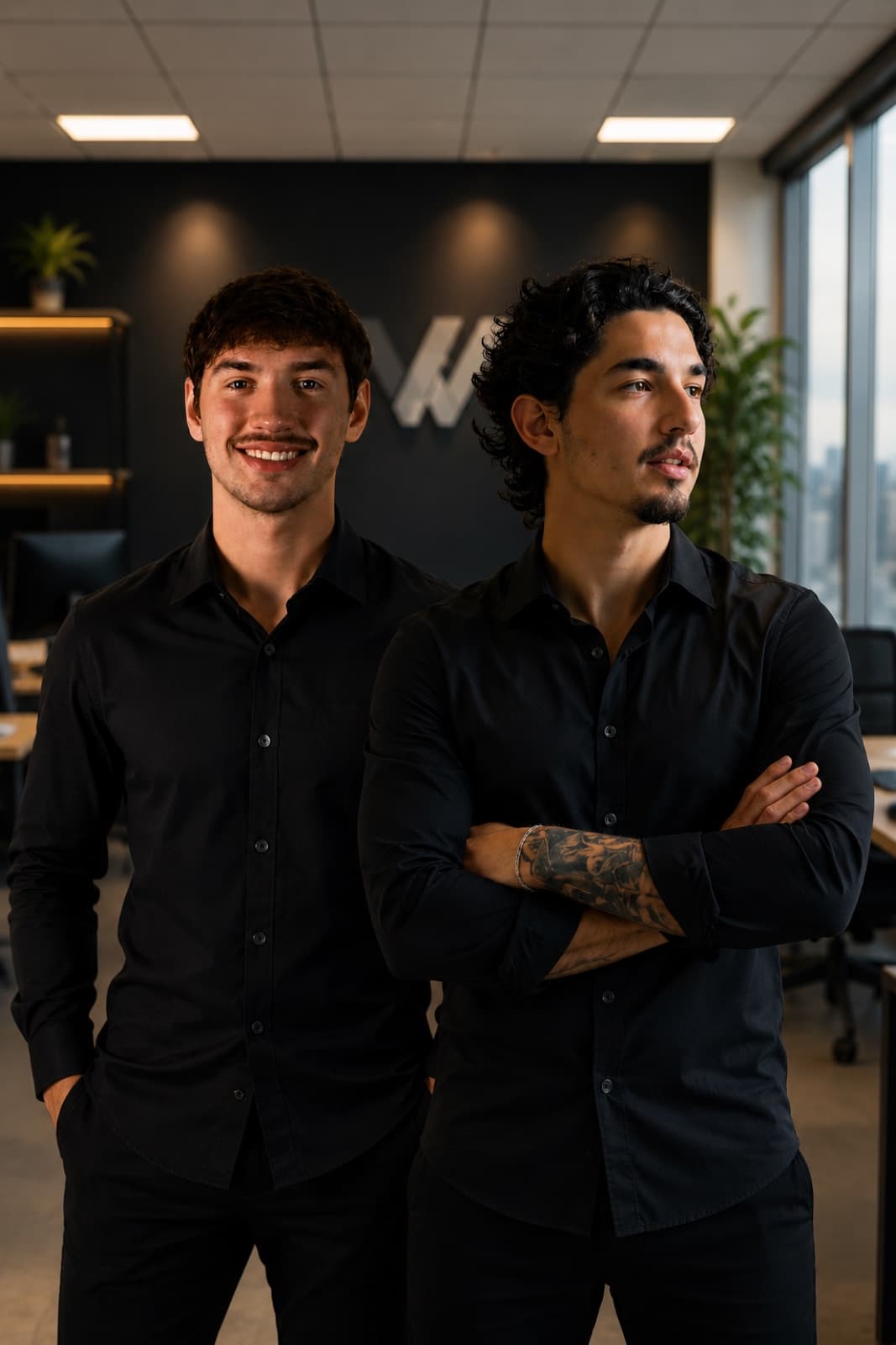 Os dois sócios fundadores da Wings, em pé, no escritório da empresa em Curitiba